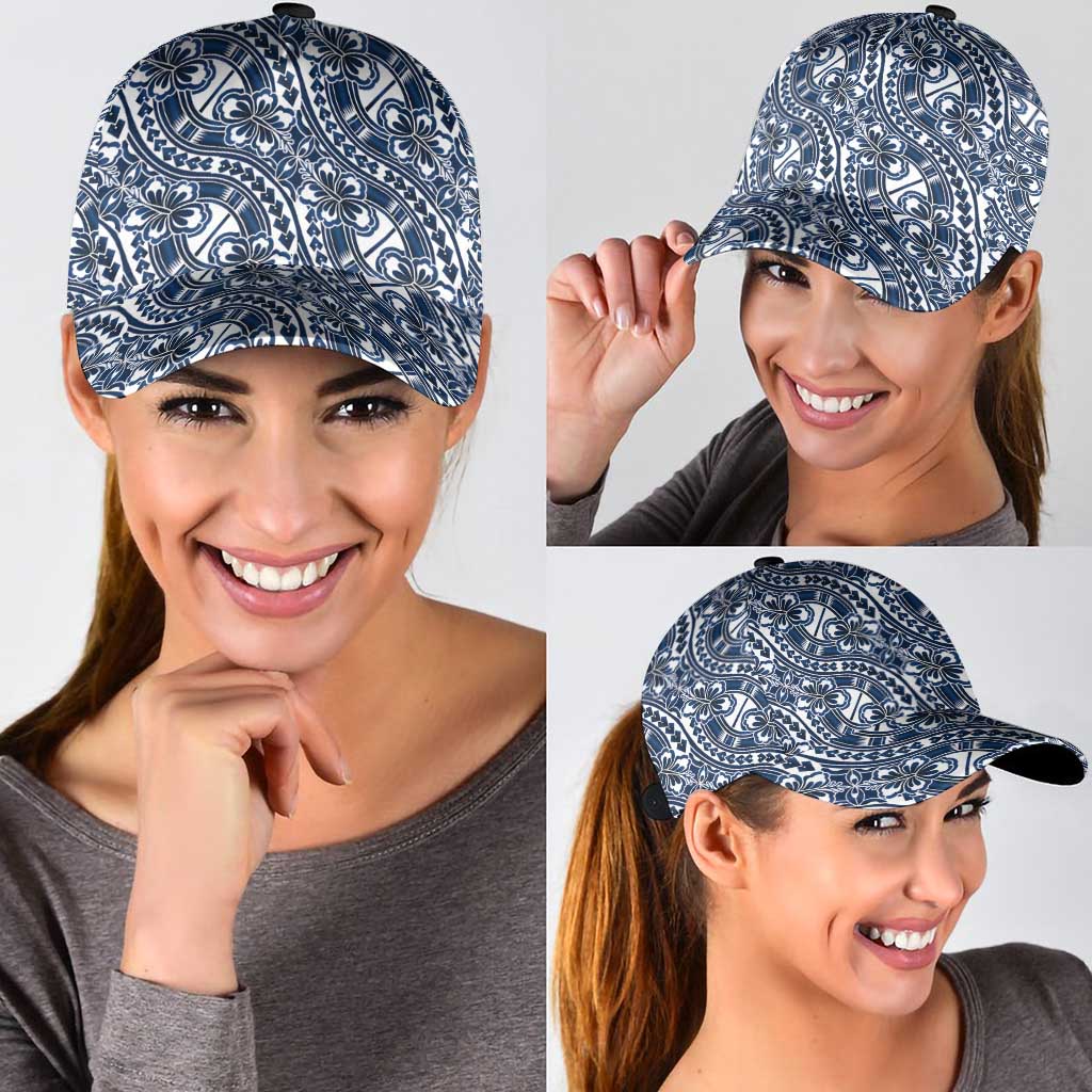 Hibiscus Bloom Island Tribal Waves Classic Cap Blue Polynesian Pattern
