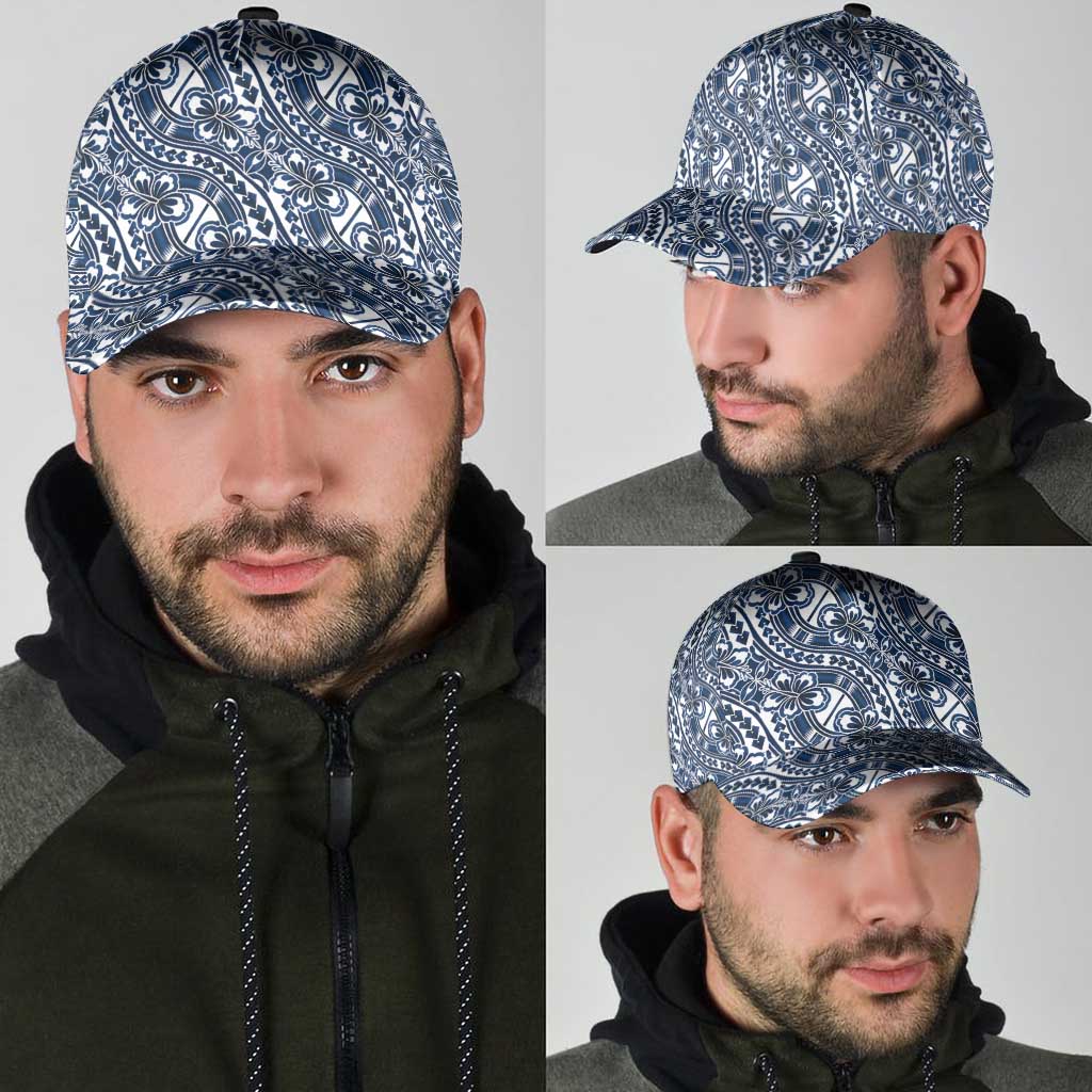 Hibiscus Bloom Island Tribal Waves Classic Cap Blue Polynesian Pattern