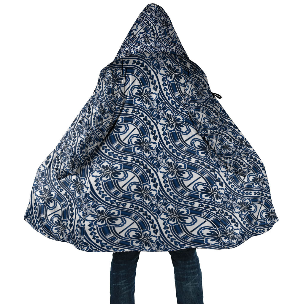 Hibiscus Bloom Island Tribal Waves Cloak Blue Polynesian Pattern