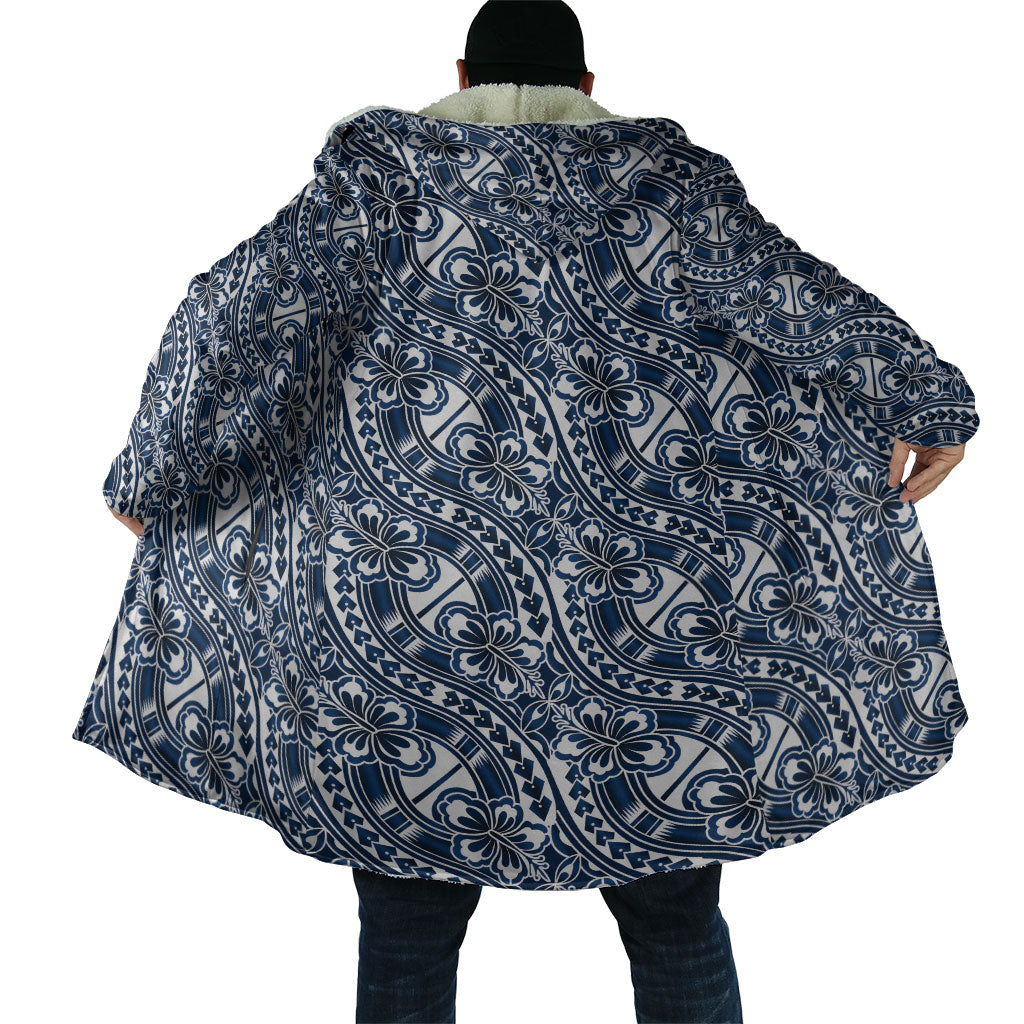Hibiscus Bloom Island Tribal Waves Cloak Blue Polynesian Pattern