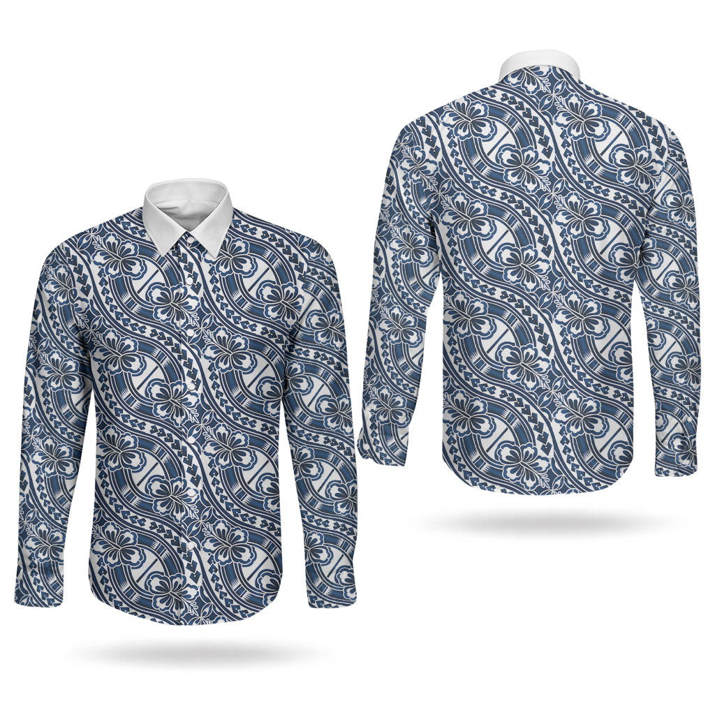 Hibiscus Bloom Island Tribal Waves Couples Matching Off Shoulder Short Dress and Long Sleeve Button Shirt Blue Polynesian Pattern LT01 - Polynesian Pride