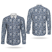 Hibiscus Bloom Island Tribal Waves Couples Matching Off Shoulder Short Dress and Long Sleeve Button Shirt Blue Polynesian Pattern LT01 - Polynesian Pride