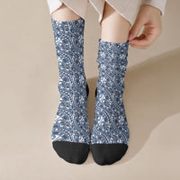 Hibiscus Bloom Island Tribal Waves Crew Socks Blue Polynesian Pattern