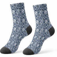 Hibiscus Bloom Island Tribal Waves Crew Socks Blue Polynesian Pattern
