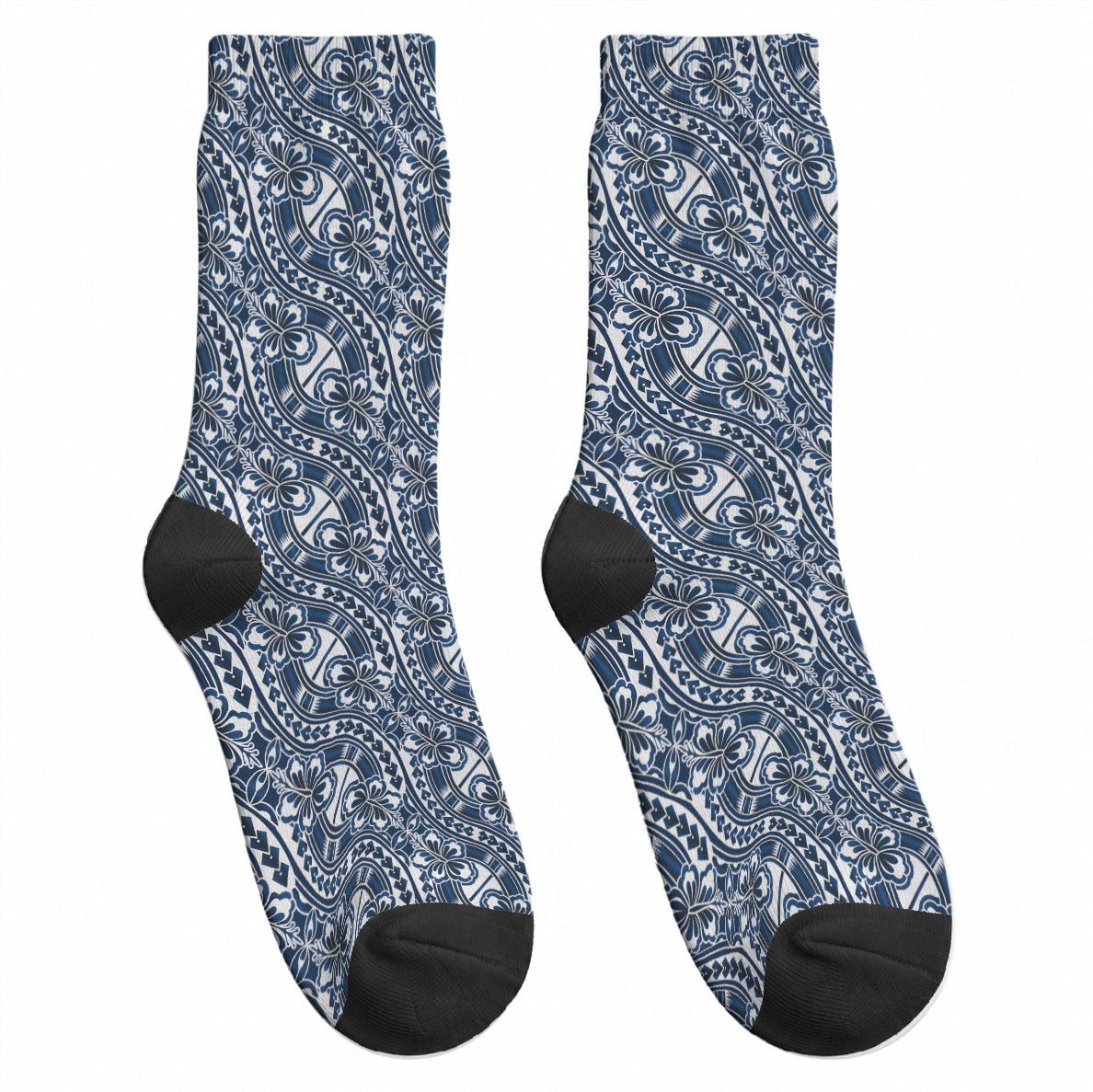 Hibiscus Bloom Island Tribal Waves Crew Socks Blue Polynesian Pattern