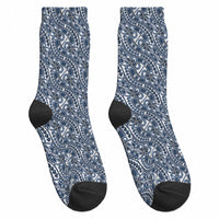 Hibiscus Bloom Island Tribal Waves Crew Socks Blue Polynesian Pattern