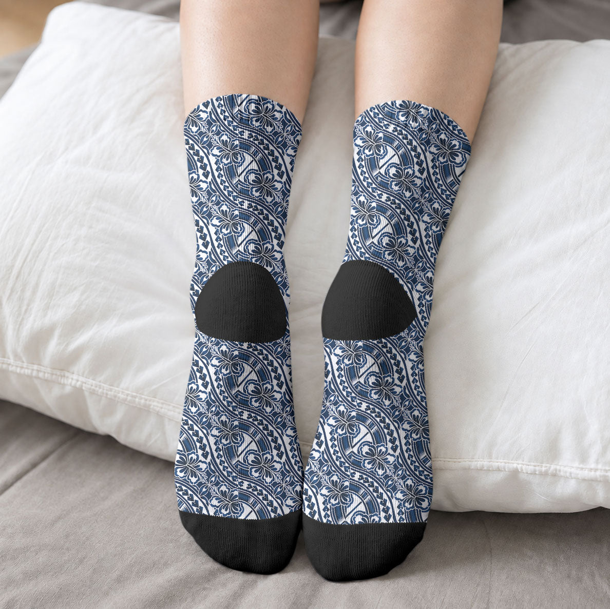 Hibiscus Bloom Island Tribal Waves Crew Socks Blue Polynesian Pattern