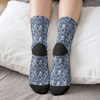 Hibiscus Bloom Island Tribal Waves Crew Socks Blue Polynesian Pattern