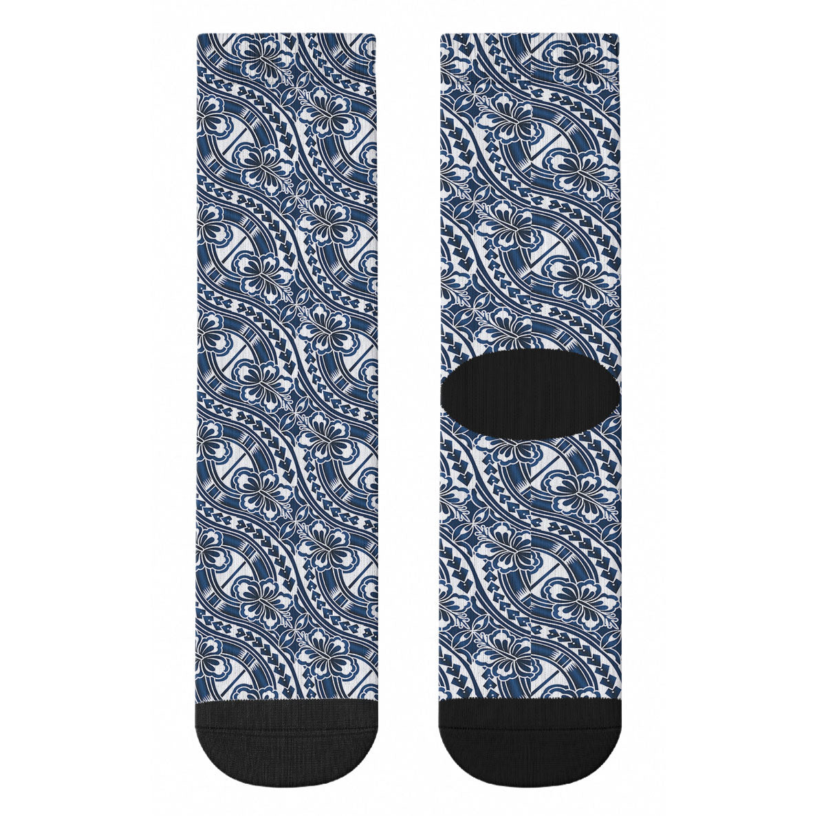 Hibiscus Bloom Island Tribal Waves Crew Socks Blue Polynesian Pattern