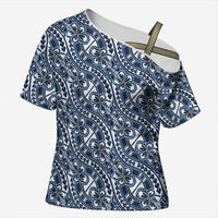 Hibiscus Bloom Island Tribal Waves Cross Shoulder Shirt Blue Polynesian Pattern