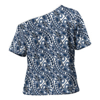 Hibiscus Bloom Island Tribal Waves Cross Shoulder Shirt Blue Polynesian Pattern