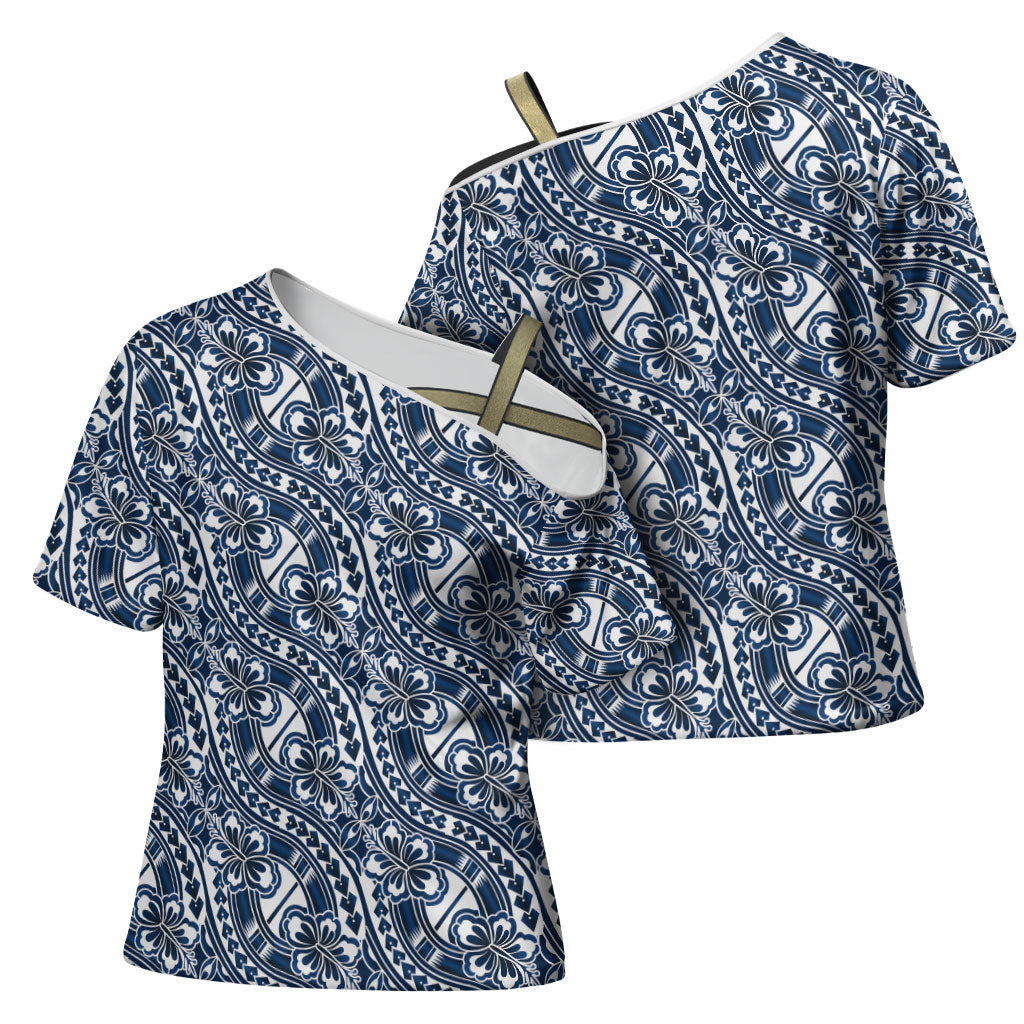 Hibiscus Bloom Island Tribal Waves Cross Shoulder Shirt Blue Polynesian Pattern