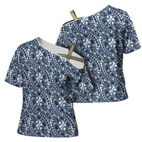 Hibiscus Bloom Island Tribal Waves Cross Shoulder Shirt Blue Polynesian Pattern