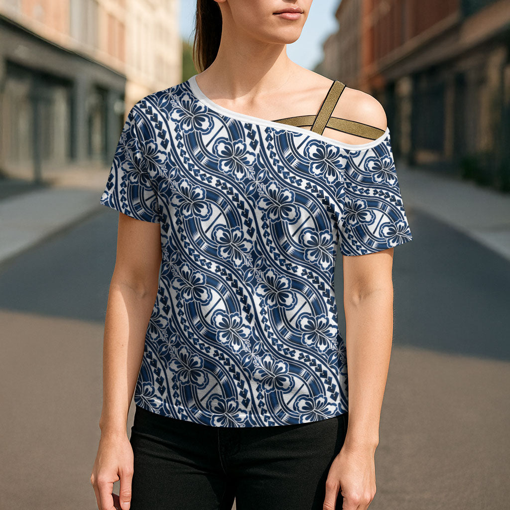 Hibiscus Bloom Island Tribal Waves Cross Shoulder Shirt Blue Polynesian Pattern