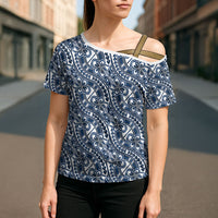 Hibiscus Bloom Island Tribal Waves Cross Shoulder Shirt Blue Polynesian Pattern