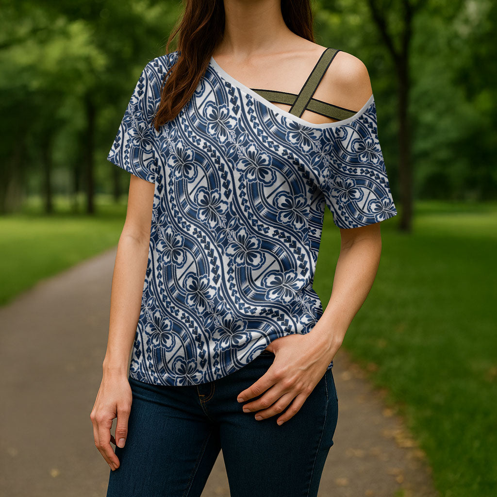 Hibiscus Bloom Island Tribal Waves Cross Shoulder Shirt Blue Polynesian Pattern
