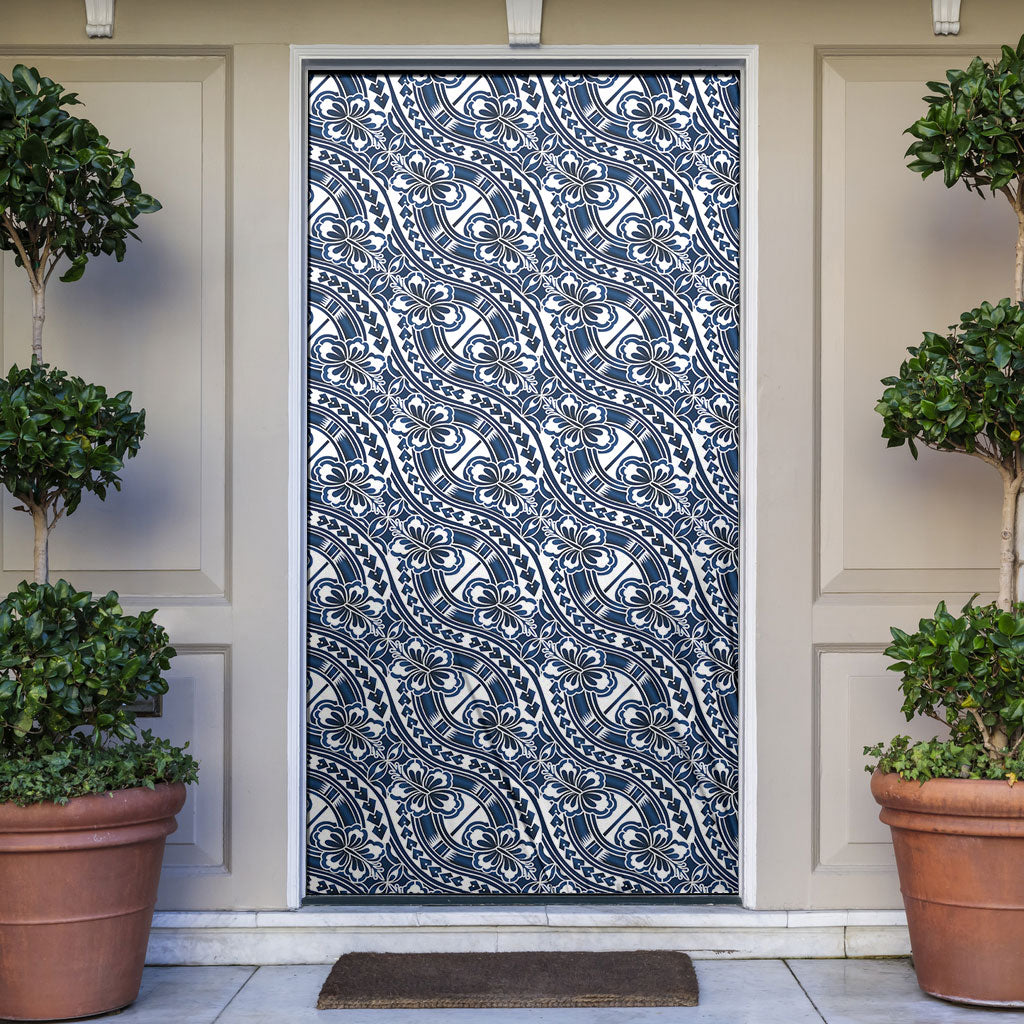 Hibiscus Bloom Island Tribal Waves Door Cover Blue Polynesian Pattern LT01 Blue - Polynesian Pride