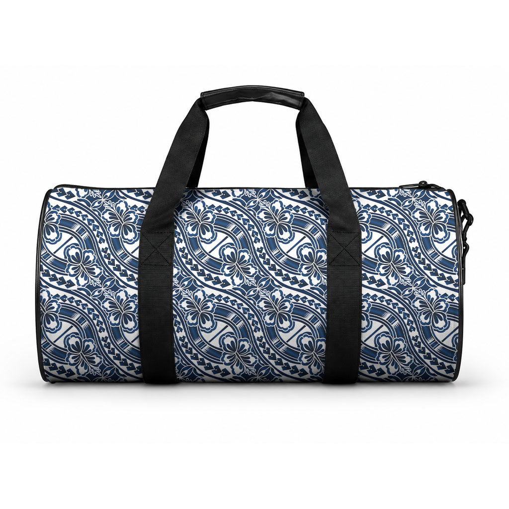 Hibiscus Bloom Island Tribal Waves Duffle Bag Blue Polynesian Pattern