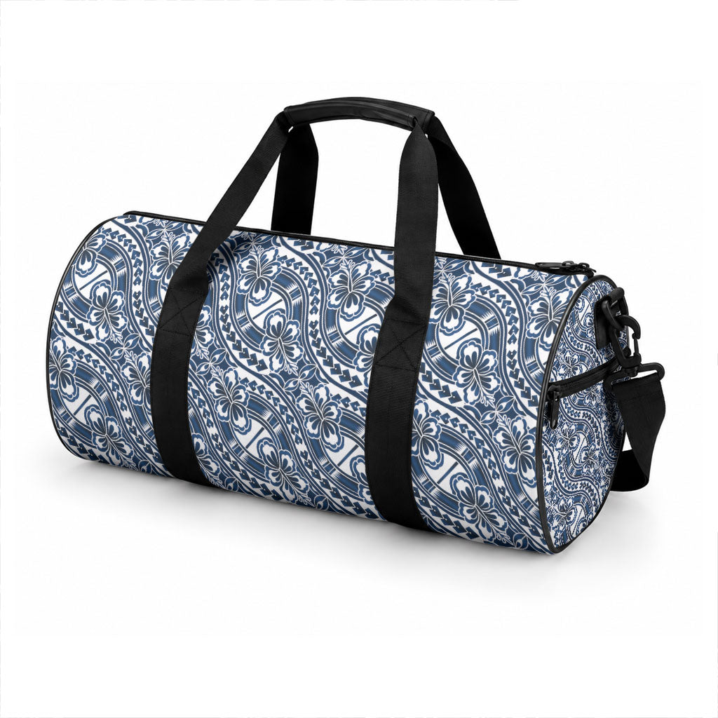 Hibiscus Bloom Island Tribal Waves Duffle Bag Blue Polynesian Pattern