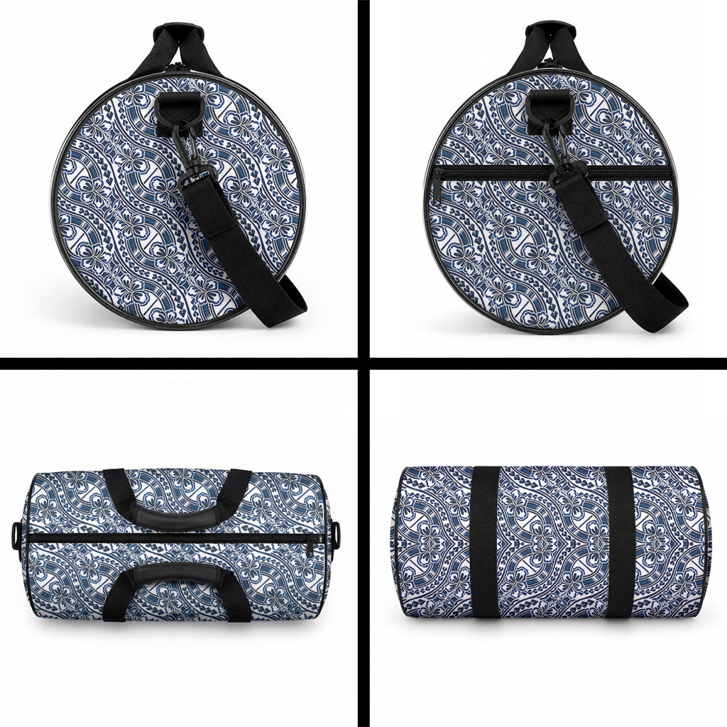 Hibiscus Bloom Island Tribal Waves Duffle Bag Blue Polynesian Pattern