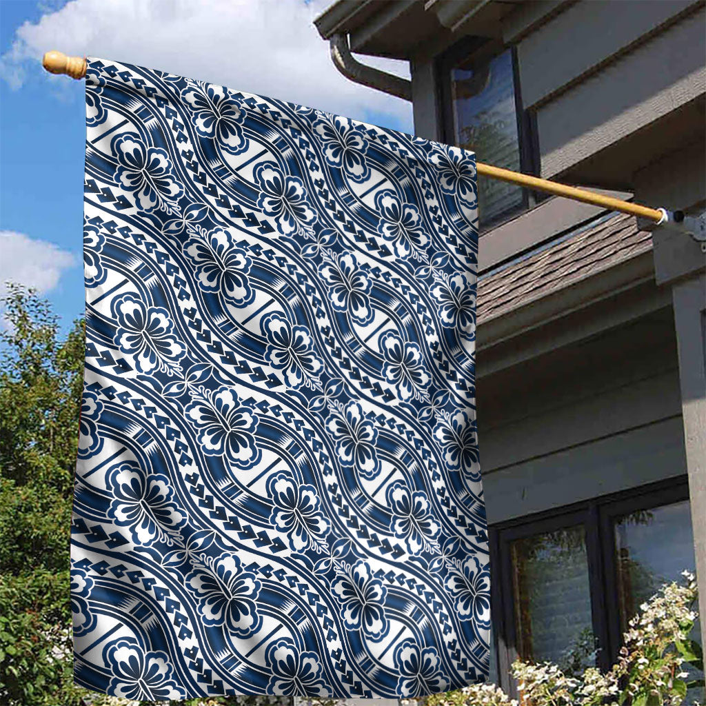 Hibiscus Bloom Island Tribal Waves Garden Flag Blue Polynesian Pattern