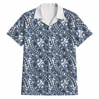 Hibiscus Bloom Island Tribal Waves Hawaiian Shirt Blue Polynesian Pattern