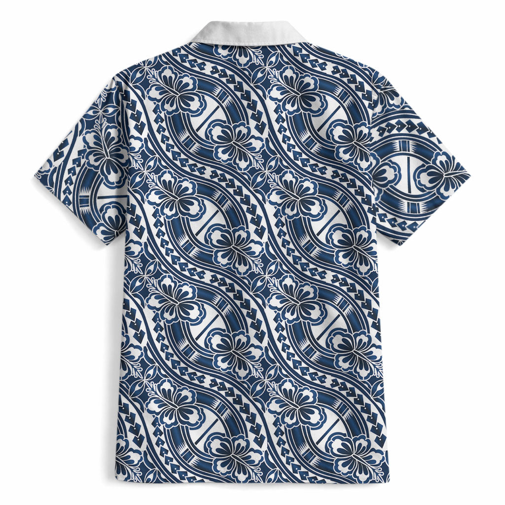 Hibiscus Bloom Island Tribal Waves Hawaiian Shirt Blue Polynesian Pattern