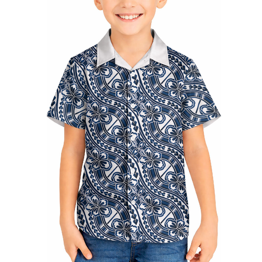 Hibiscus Bloom Island Tribal Waves Hawaiian Shirt Blue Polynesian Pattern