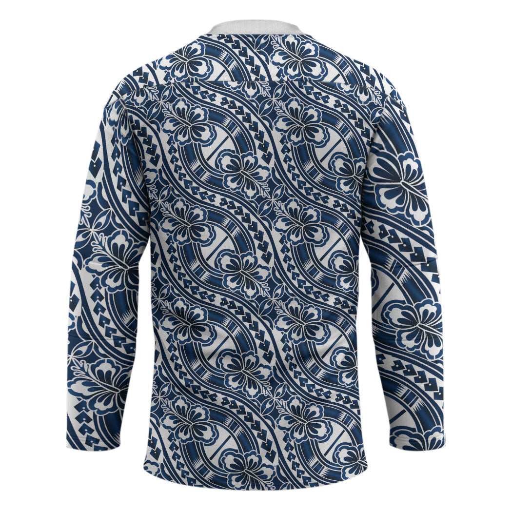 Hibiscus Bloom Island Tribal Waves Hockey Jersey Blue Polynesian Pattern