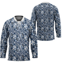 Hibiscus Bloom Island Tribal Waves Hockey Jersey Blue Polynesian Pattern