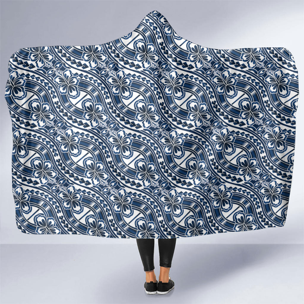 Hibiscus Bloom Island Tribal Waves Hooded Blanket Blue Polynesian Pattern LT01 One Size Blue - Polynesian Pride