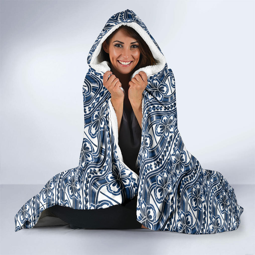 Hibiscus Bloom Island Tribal Waves Hooded Blanket Blue Polynesian Pattern LT01 - Polynesian Pride