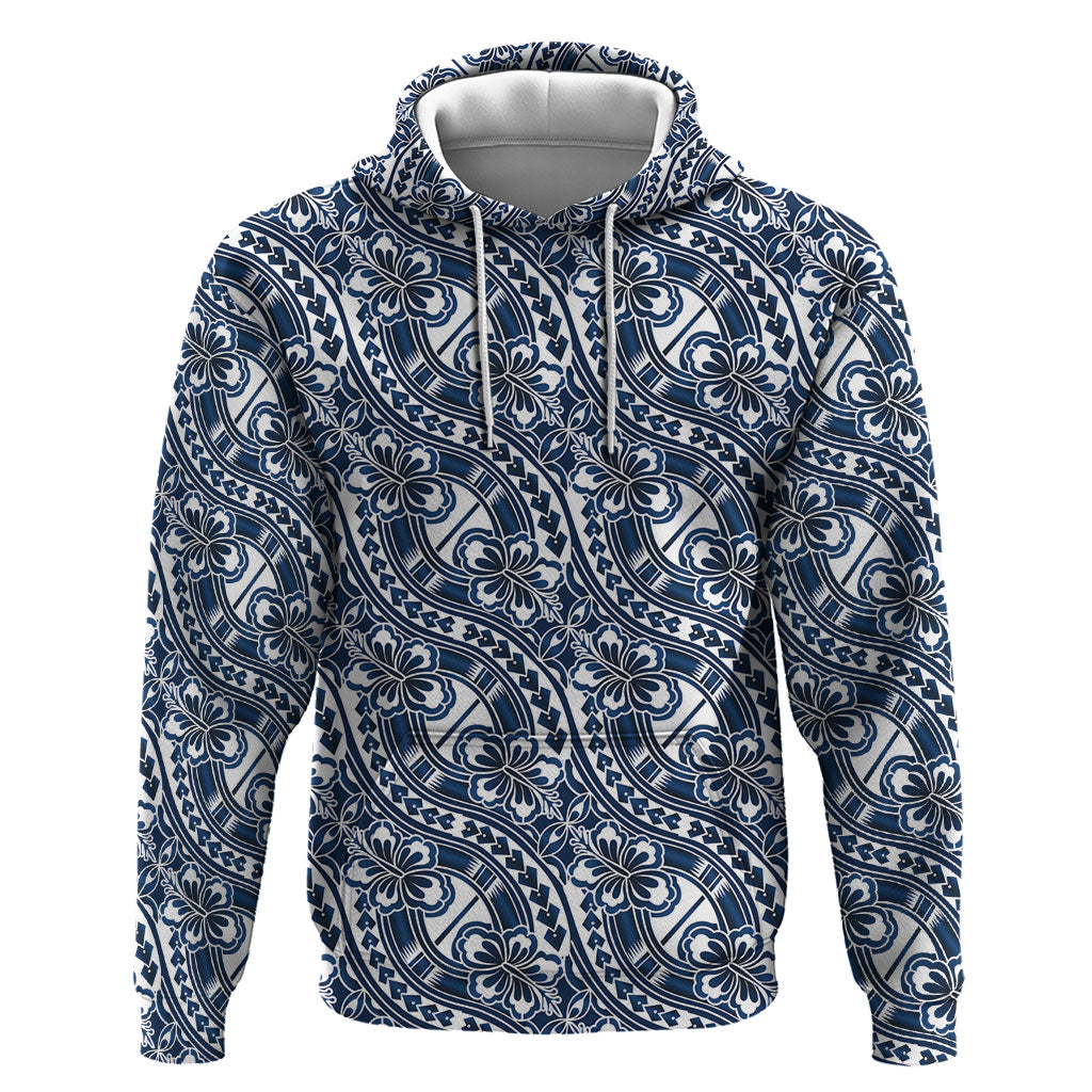 Hibiscus Bloom Island Tribal Waves Hoodie Blue Polynesian Pattern