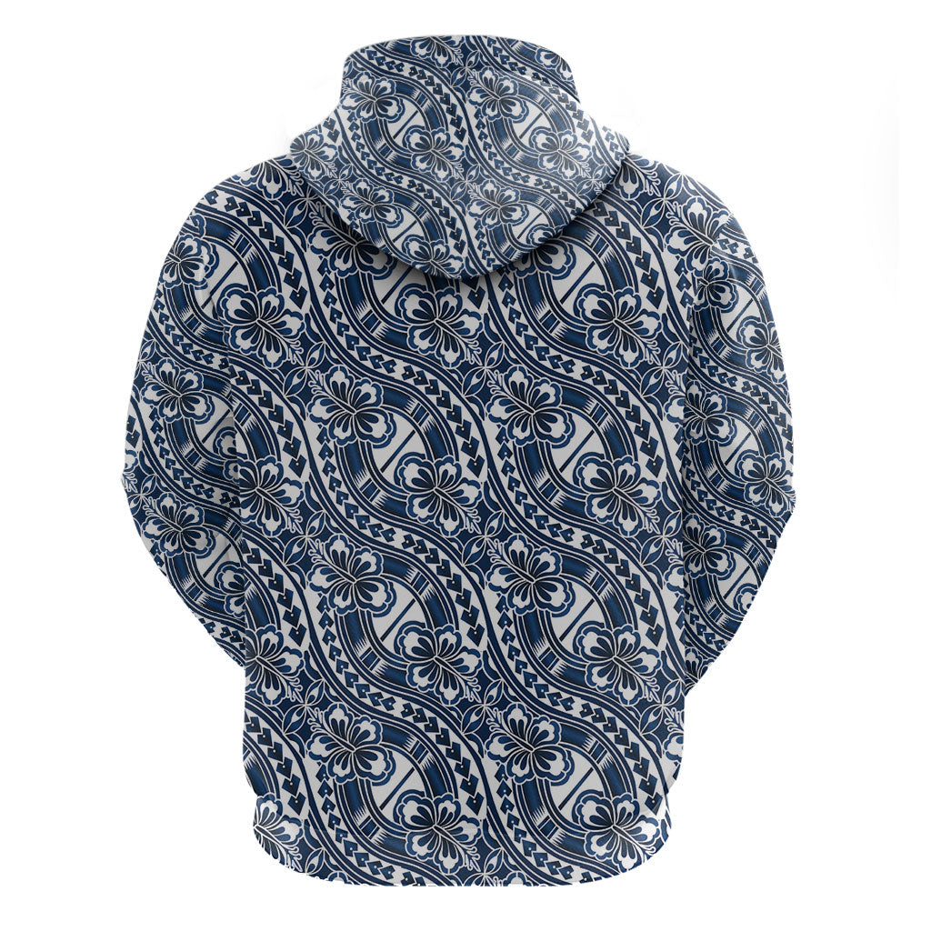 Hibiscus Bloom Island Tribal Waves Hoodie Blue Polynesian Pattern