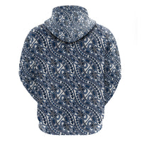 Hibiscus Bloom Island Tribal Waves Hoodie Blue Polynesian Pattern