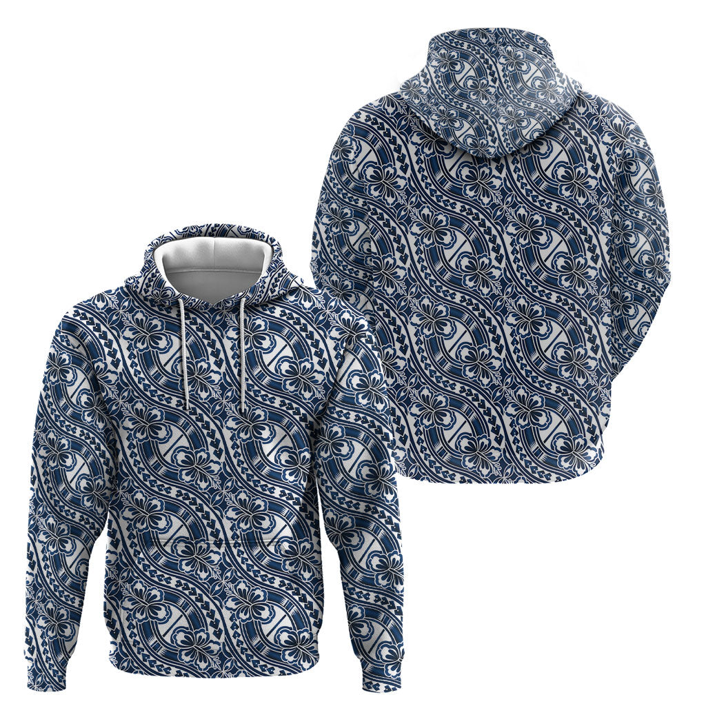 Hibiscus Bloom Island Tribal Waves Hoodie Blue Polynesian Pattern