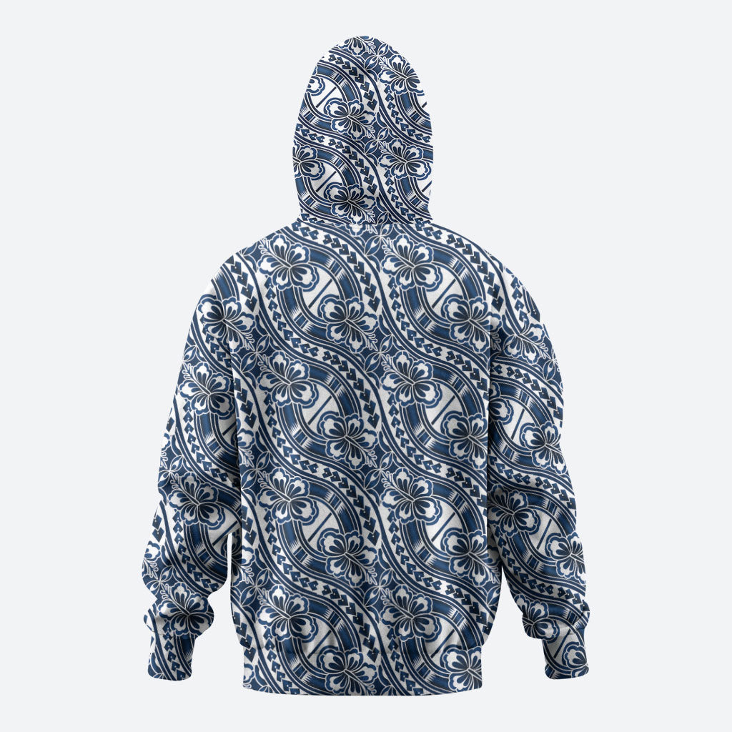 Hibiscus Bloom Island Tribal Waves Hoodie Blue Polynesian Pattern