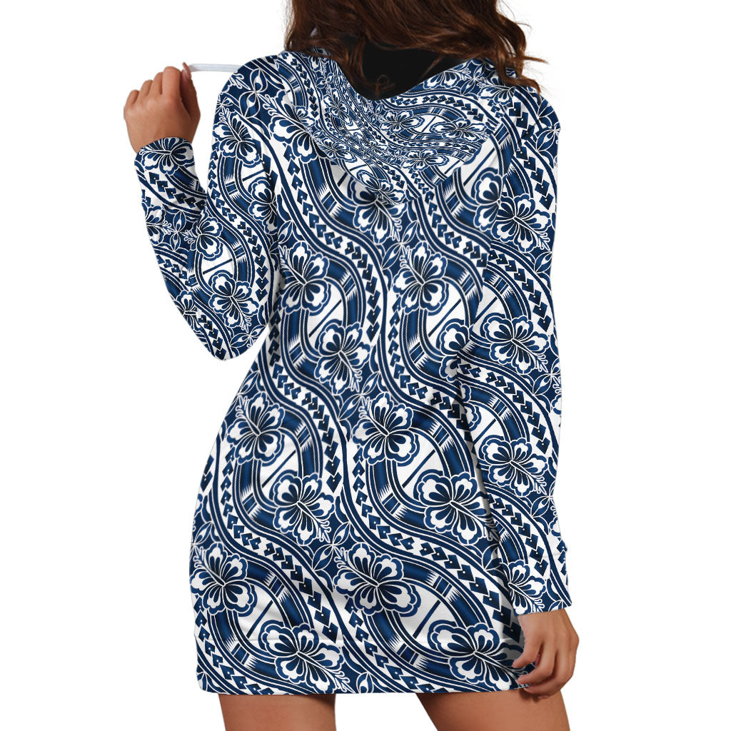Hibiscus Bloom Island Tribal Waves Hoodie Dress Blue Polynesian Pattern