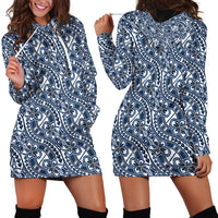 Hibiscus Bloom Island Tribal Waves Hoodie Dress Blue Polynesian Pattern