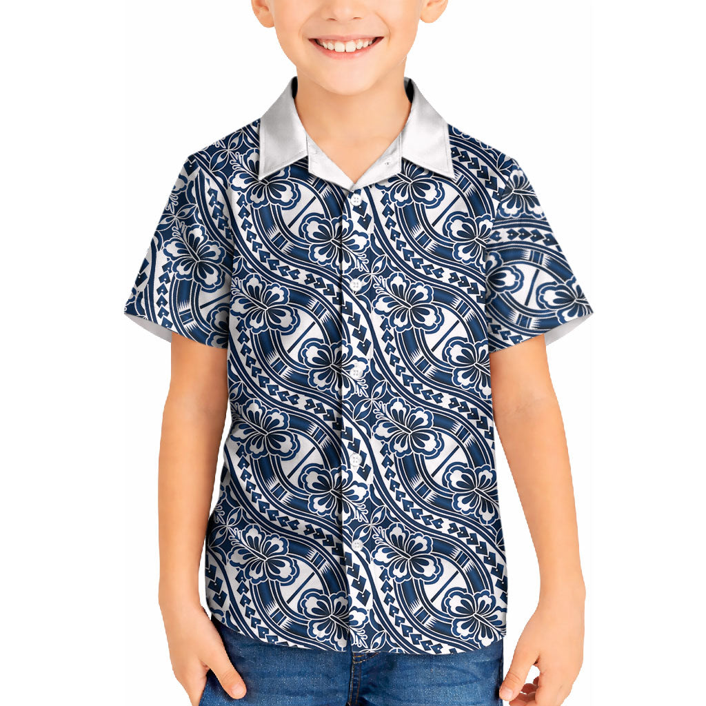 Hibiscus Bloom Island Tribal Waves Kid Hawaiian Shirt Blue Polynesian Pattern