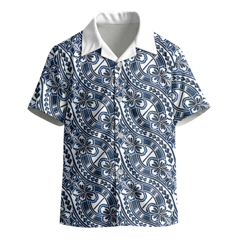 Hibiscus Bloom Island Tribal Waves Kid Hawaiian Shirt Blue Polynesian Pattern