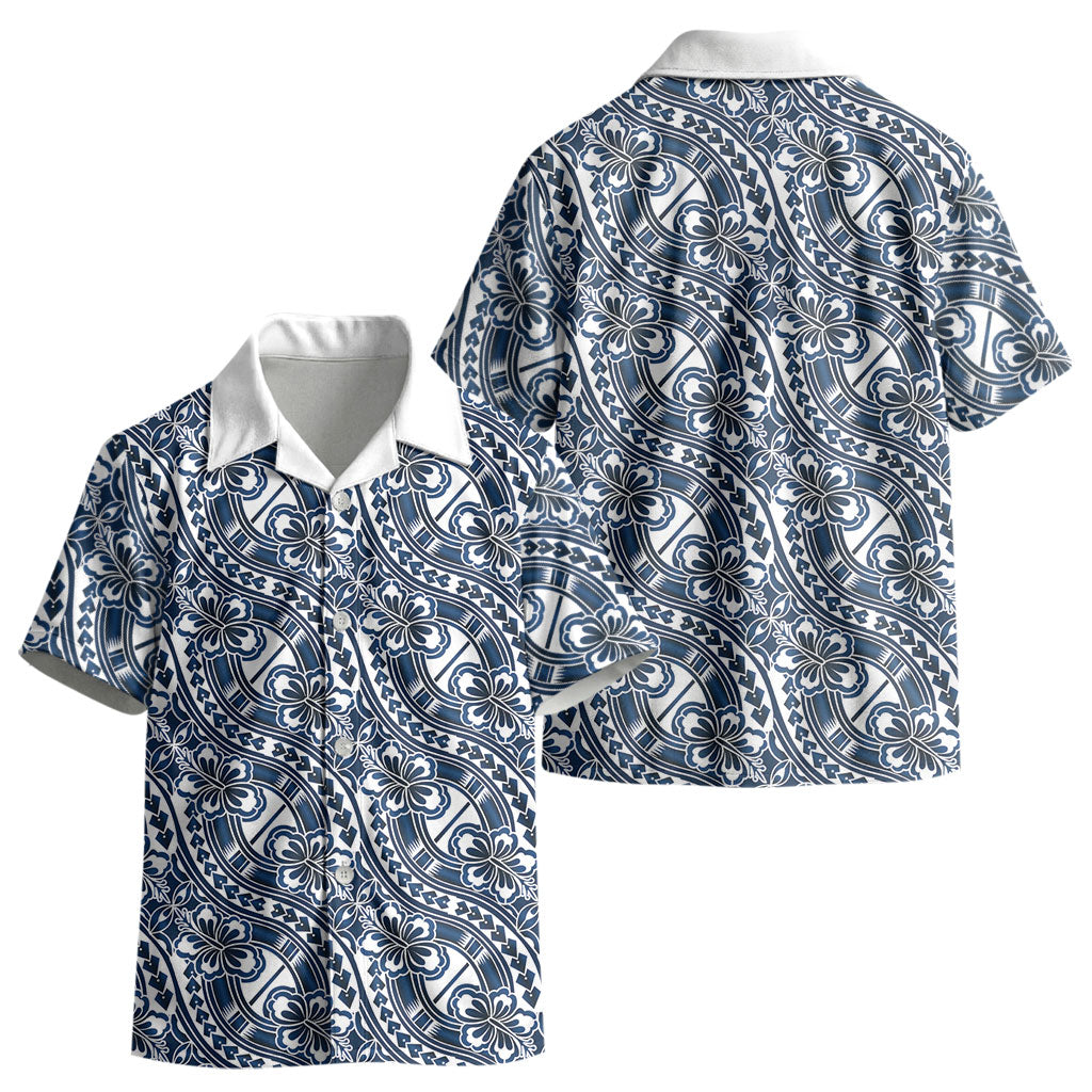 Hibiscus Bloom Island Tribal Waves Kid Hawaiian Shirt Blue Polynesian Pattern