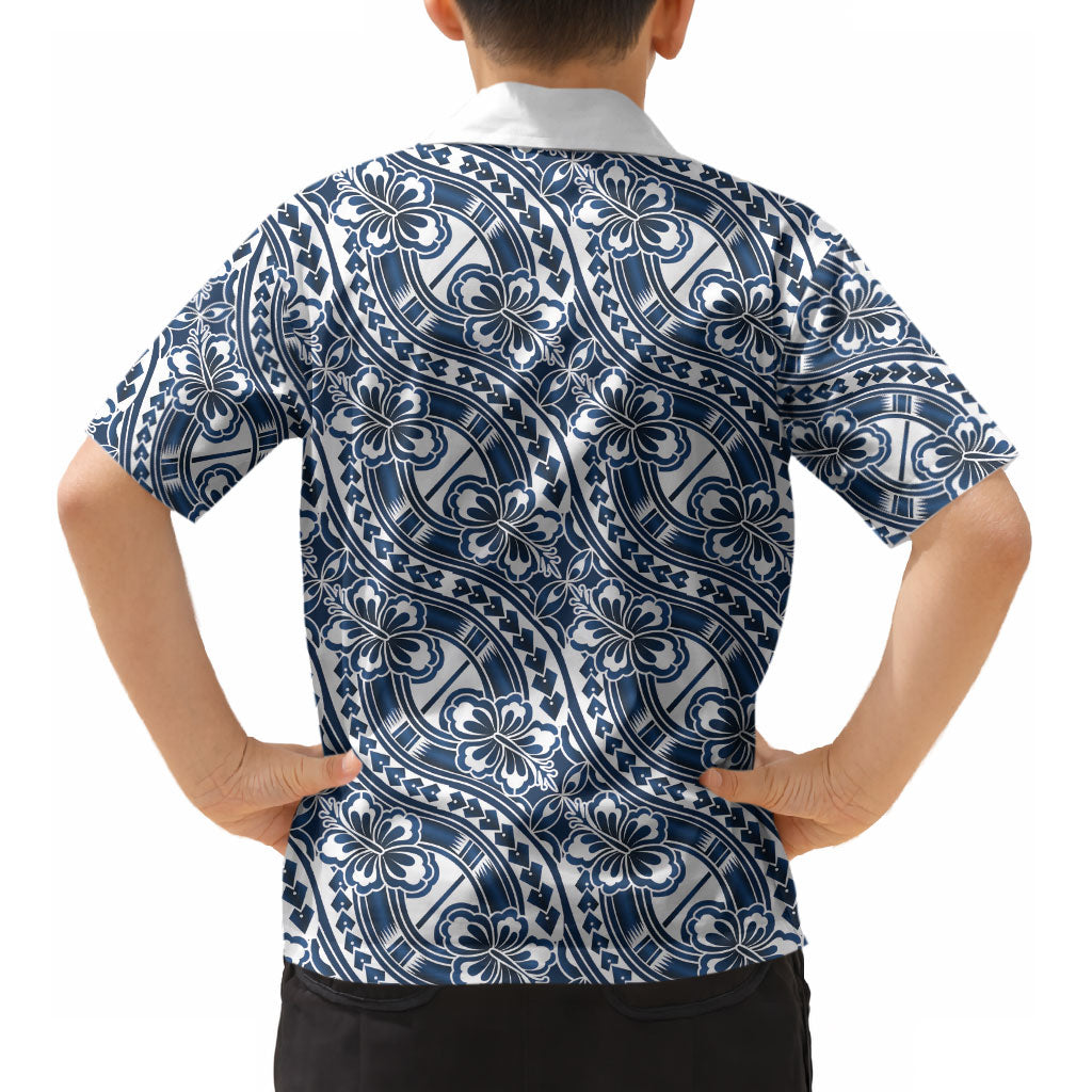 Hibiscus Bloom Island Tribal Waves Kid Hawaiian Shirt Blue Polynesian Pattern
