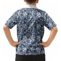 Hibiscus Bloom Island Tribal Waves Kid Hawaiian Shirt Blue Polynesian Pattern