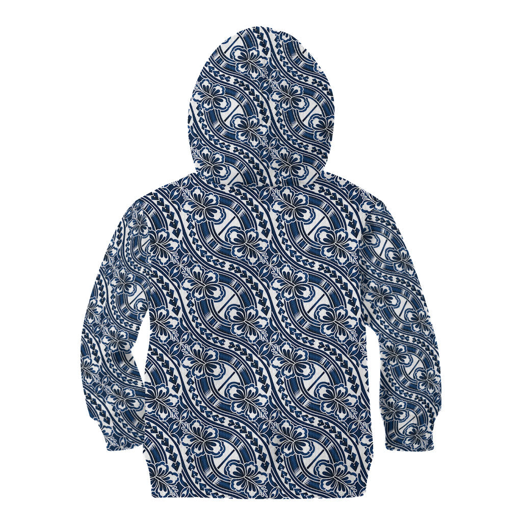 Hibiscus Bloom Island Tribal Waves Kid Hoodie Blue Polynesian Pattern