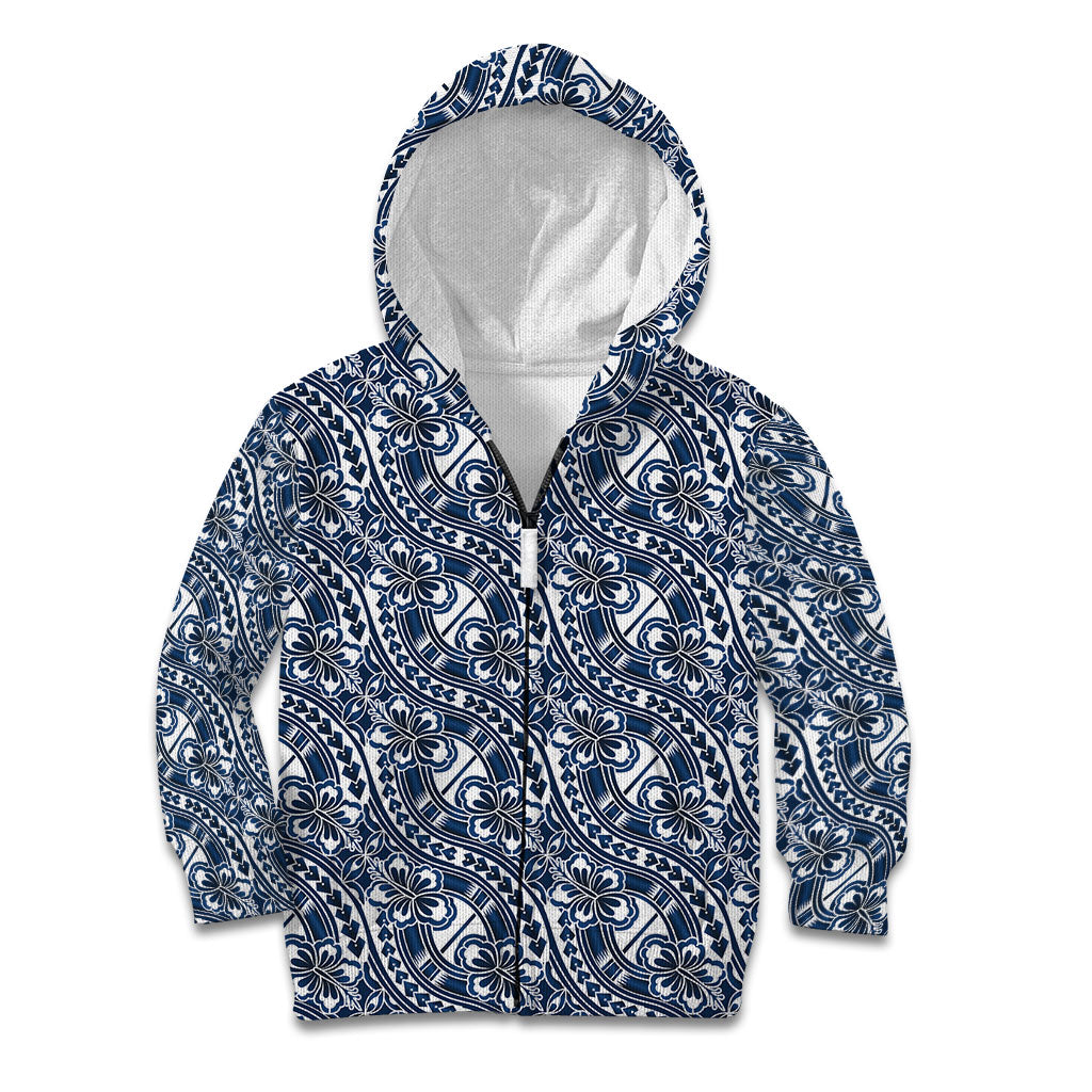 Hibiscus Bloom Island Tribal Waves Kid Hoodie Blue Polynesian Pattern