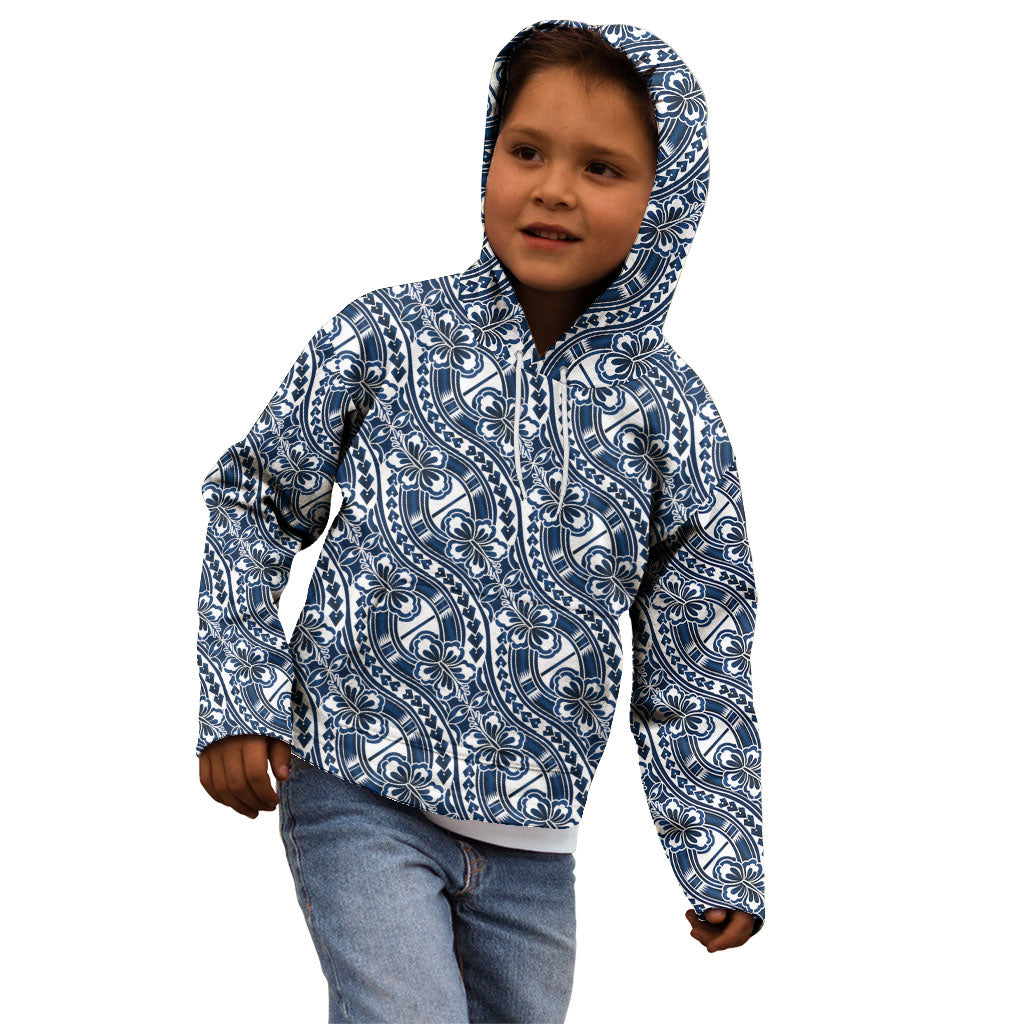 Hibiscus Bloom Island Tribal Waves Kid Hoodie Blue Polynesian Pattern