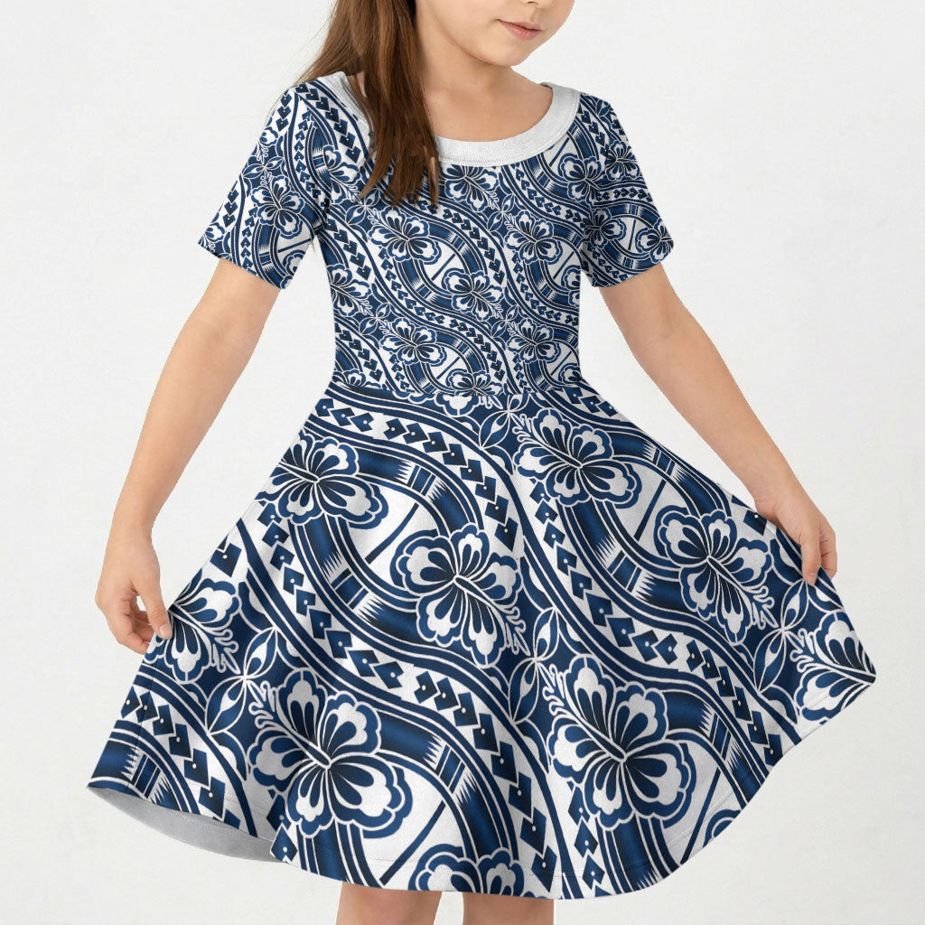 Hibiscus Bloom Island Tribal Waves Kid Short Sleeve Dress Blue Polynesian Pattern