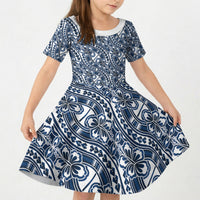 Hibiscus Bloom Island Tribal Waves Kid Short Sleeve Dress Blue Polynesian Pattern
