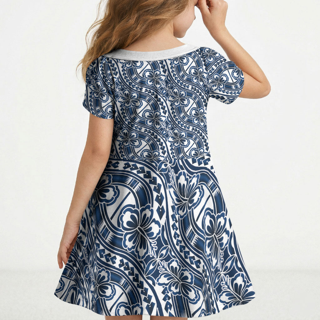 Hibiscus Bloom Island Tribal Waves Kid Short Sleeve Dress Blue Polynesian Pattern